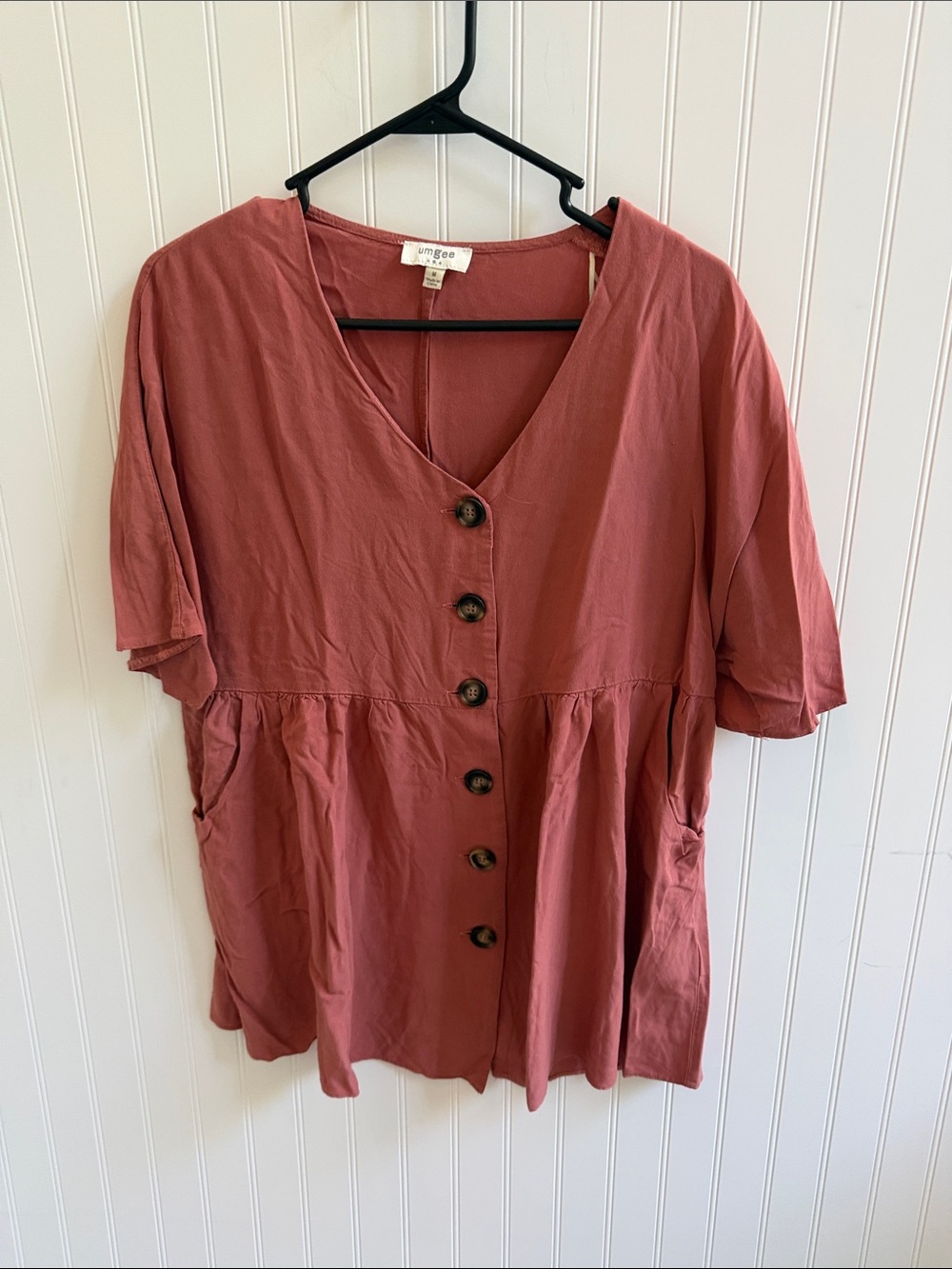 (376)Umgee USA Medium Dusty Rose Button Front Babydoll Peplum Tunic Top Pockets